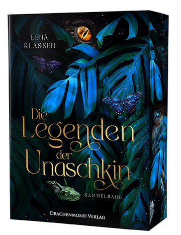 Das Cover zeigt dichte exotische Blätter. Im unteren Bildbereich kommt eine Schlange zwischen den Blättern hervor, im oberen Bildbereich kann man ein leuchtenden Auge zwischen den Blättern erkennen. Farblich ist alles in Blau, Grün und Schwarz gehalten.